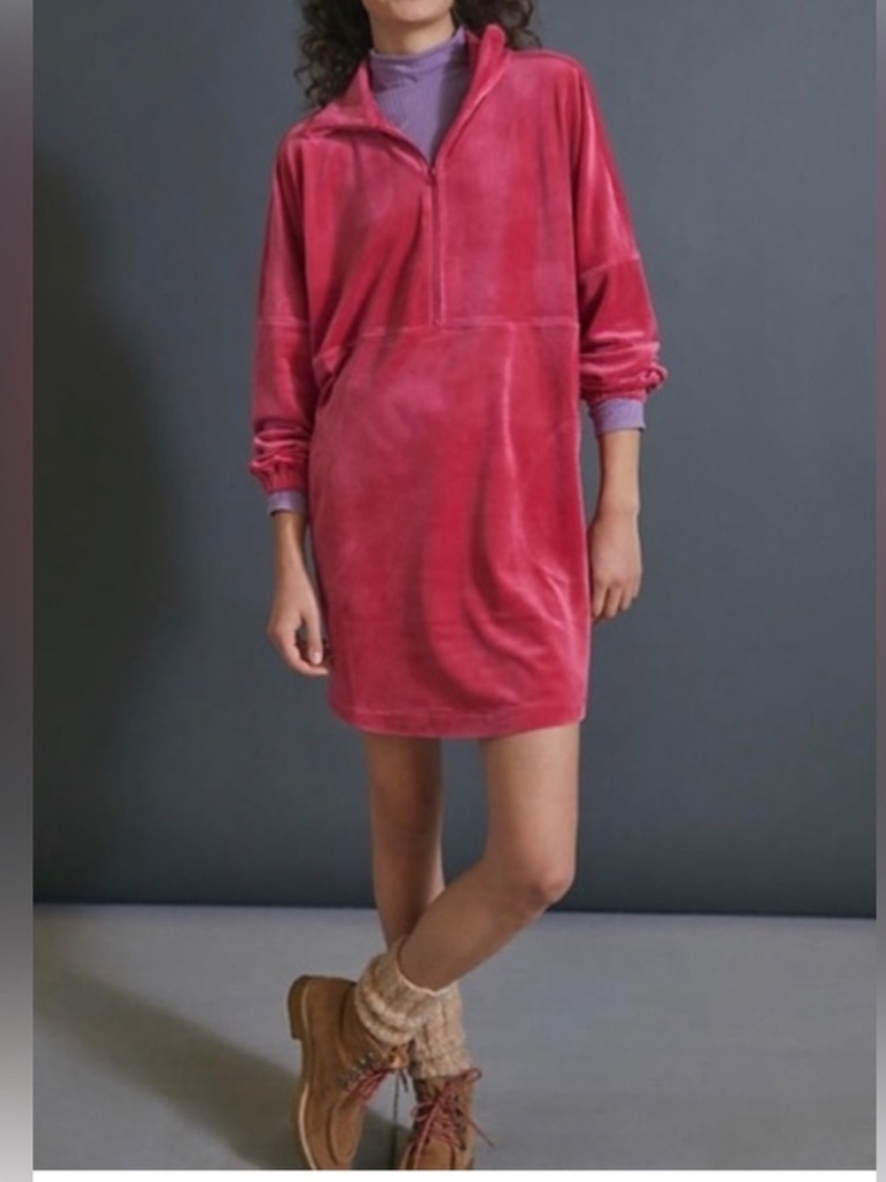 Anthropologie Rosalind Velvet Half Zip Tunic Dress Small Oversized Velour
